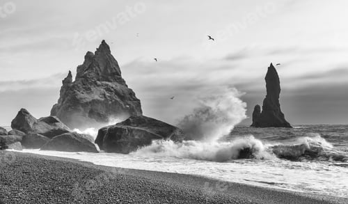 Preview: The Famous Sea Stacks At Vik In Southern Iceland Known As The Trolls. A High Contrast Monochrome