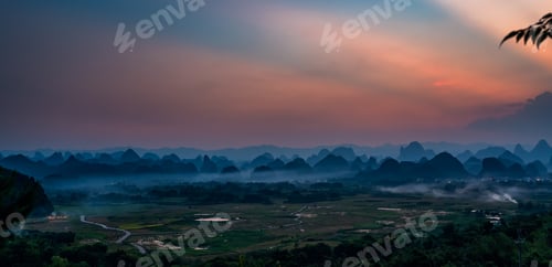 Preview: Breathtaking View Of A Sunset Seen From The Putao Rural Scenery Viewpoint In Yangshuo, China