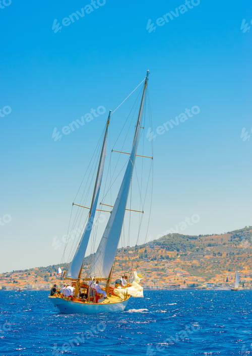 Preview: Classic Wooden Sailing Boat In A Race, Spetses Island In Greece
