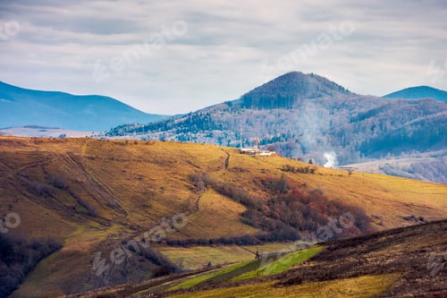 Preview: Mountainous Rural Area In Deep Autumn. Empty Fields And Leafless Trees On Hills. Cloudy November Day
