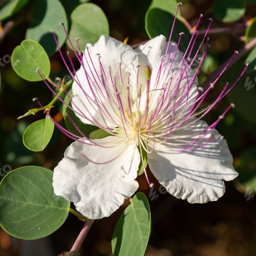 Preview: Close Up On Flowers Of Caper Shrub (Capparis Spinosa). Purple And White Flowers Of Caperous Spiny