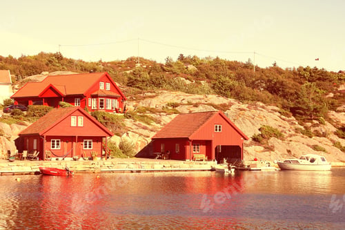 Preview: Norway Fishing Town - Skjernoy Island In The Region Of Vest-Agder. Retro Filtered Colors Style.