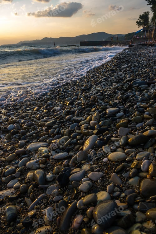 Preview: Rocky Sea Shore With Pebble Beach, Waves With Foam