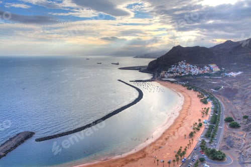 Preview: Tenerife, Canary Islands, Spain - Famous Sandy Beach Of Playa De Los Teresitas. Hdr Photo.