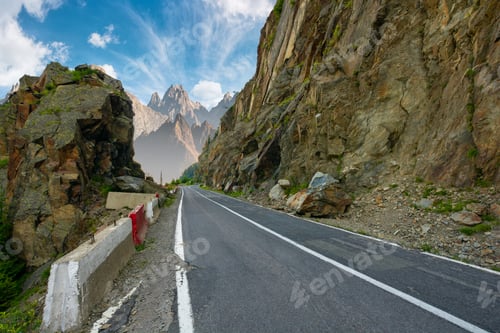 Preview: Road In To The High Mountains Between Rocky Cliff. Composite Image Of Dangerous Path To The Dreams.