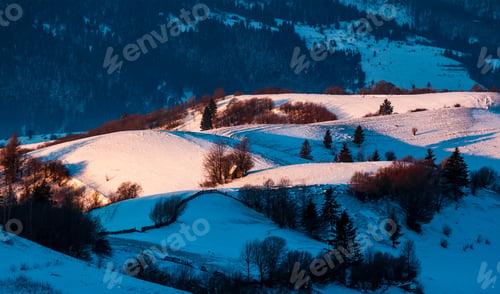 Preview: Snowy Forested Hills In Morning Light. Beautiful Nature Scenery In Winter