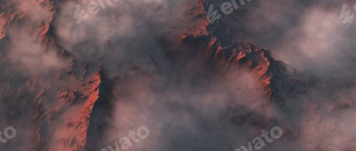 Preview: Snowy Steep Mountains In Clouds At Sunrise. Aerial View.