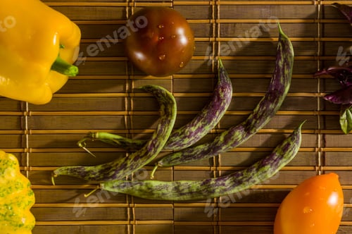 Preview: Autumn Still Life - Small Spotted Squash, Asparagus Beans, Purple Basil, Paprika, Yellow And
