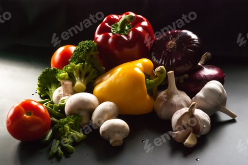 Preview: Still Life - Set Of Pizza On Black Background - Mushrooms, Champignons, Cauliflower, Broccoli