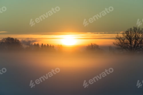 Preview: Foggy Country Fields In Winter On Cold Morning With Snow