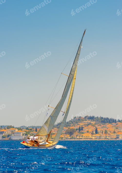 Preview: Classic Wooden Sailing Boat In A Race, Spetses Island In Greece