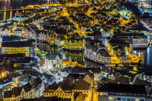 Preview: Panoramic View Of The Town Of Alesund By Night From Aksla Hill. It Is A Sea Port, And Is Noted For