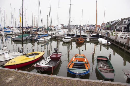Preview: Wooden Boats, Dingy And Yachts Anchored In Harbor, Wooden Houses On Quay