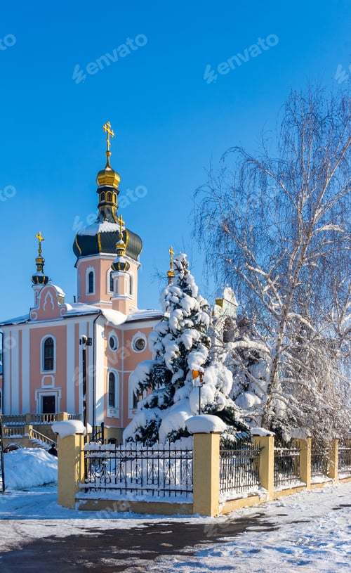 Preview: Winter Landscape - Orthodox Church In The Snow Among Trees On A Cold Frosty Day