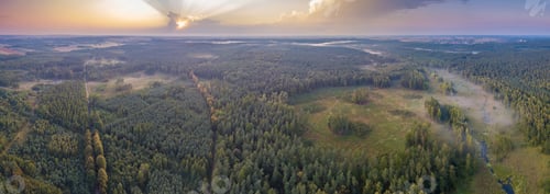 Preview: Beautiful Misty Evening Panoramic Landscape Photographed From Drone. Magical Atmosphere.
