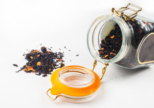 Preview: Black Tea With Blackberries, Strawberries And Rose Petals In A Sealed Glass Jar On White Background