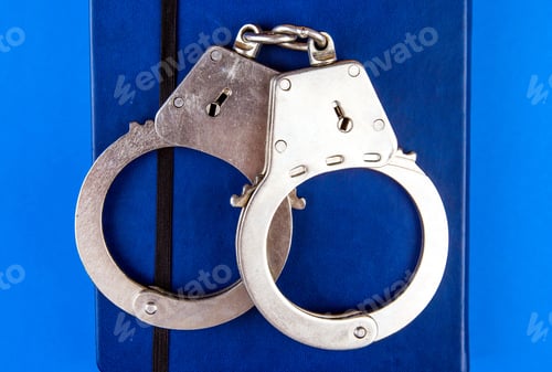 Preview: Book And A Handcuffs On The Blue Paper Background Closeup