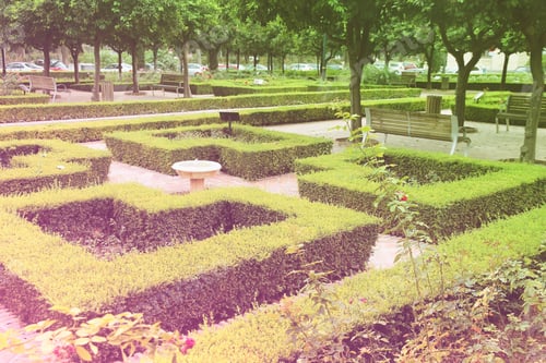 Preview: Malaga, Spain. City Park Decorations With Trimmed Hedge. Retro Style Filtered Colors.