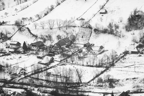Preview: Winter Mountain Landscape With Villages. Black And White Photography