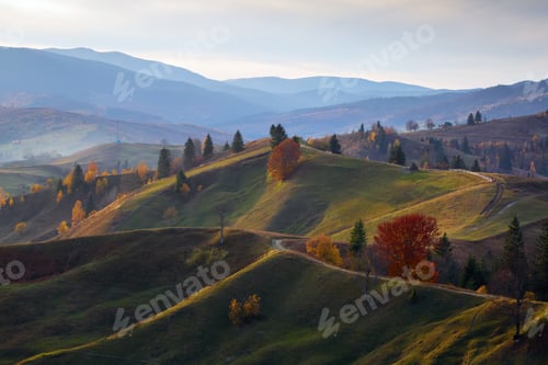 Preview: Beautiful Autumn Landscape With The Green Trees, Orange Coloured Forest, High Mountains And Blue