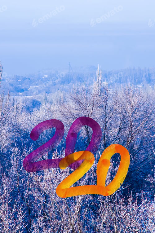 Preview: New Year Concept Postcard. Winter Urban Landscape - Snow Covered Trees On Foggy Background And