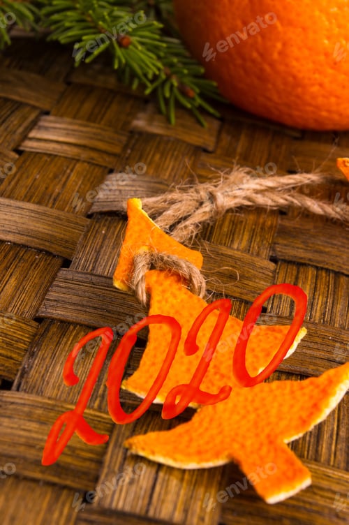 Preview: New Year Concept Postcard. Christmas Decorations Hand Made From Tangerine Peel And Fir-Tree