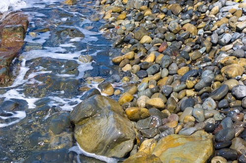 Preview: Rocky Sea Shore With Pebble Beach, Transparent Waves With Foam, On A Warm Summer Day