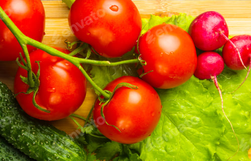 Preview: Still Life - Tomatoes On Twig, Cucumbers, Lettuce And Cilantro On A Wooden Board