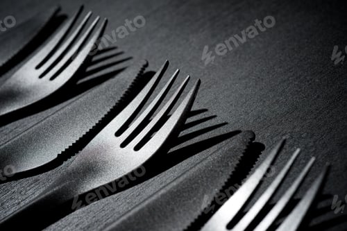 Preview: Disposable Plastic Cutlery On A Black Table.