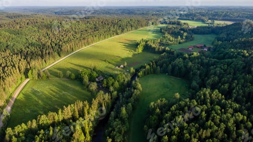 Preview: Drone Image. Aerial View Of Rural Area With Forest River In Summer Morning - Panoramic Image