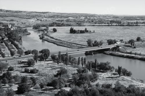 Preview: Tagus River Bridge In The Suburbs Of Toledo, Spain. Spanish Landscape. Black And White Tone - Retro