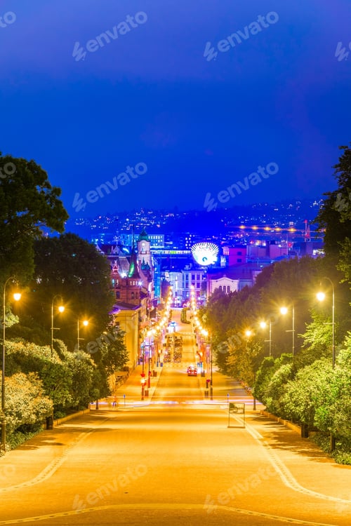 Preview: Night View Of An Alley Leading To The Royal Palace In Oslo, The Capital Of Norway