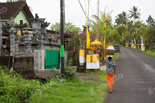 Preview: Balinese Traditionally Dressed Woman Walking Along The Road With A Basket Of Products On Her Head