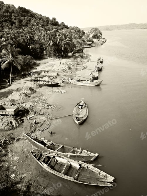 Preview: India Black And White. Wooden Boats On The Water In Goa Backwaters, India