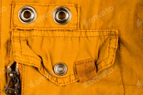 Preview: Clothing Items Washed Cotton Fabric Texture With Seams, Clasps, Buttons And Rivets, Macro, Close-Up
