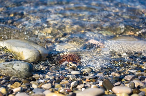 Preview: Sea Pebble Beach With Multicoloured Stones, Waves With Foam
