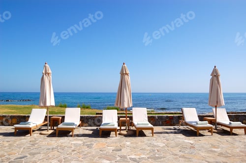 Preview: Sunbeds At The Beach Of Luxury Hotel, Crete, Greece