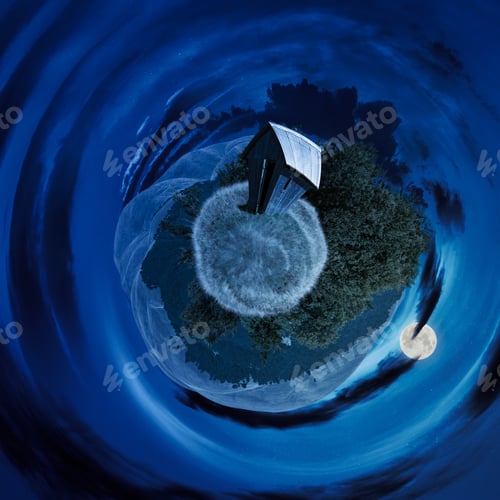 Preview: Woodshed On Little Planet Spherical Panorama At Night In Full Moon Light. Beautiful Countryside