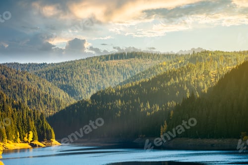 Preview: Storage Lake Reservoir In Mountain. Beautiful Autumn Landscape At Sunrise