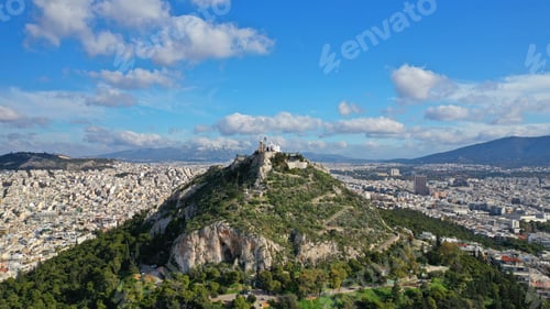 Preview: Aerial Drone Photo Of Iconic Chapel Of Saint George On Top Of Lycabettus Hill With Beautiful Deep