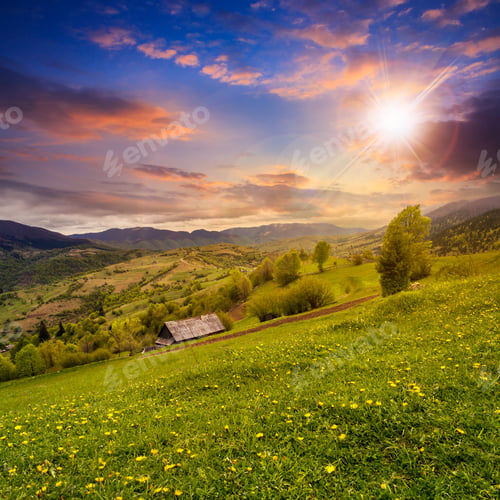 Preview: Autumn Landscape. Village On The Hillside. Forest On The Mountain Light Fall On Clearing On