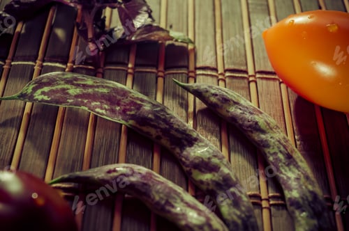 Preview: Autumn Still Life - Asparagus Beans, Purple Basil, Yellow And Chocolate Tomatoes On Bamboo Mat