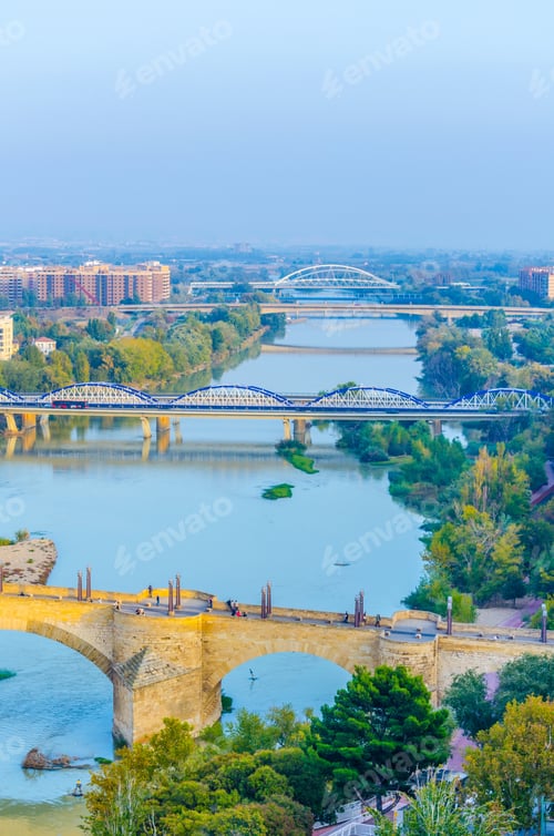 Preview: Aerial View Of The Puente De Piedra And Puente De Pilar In The Spanish City Zaragoza