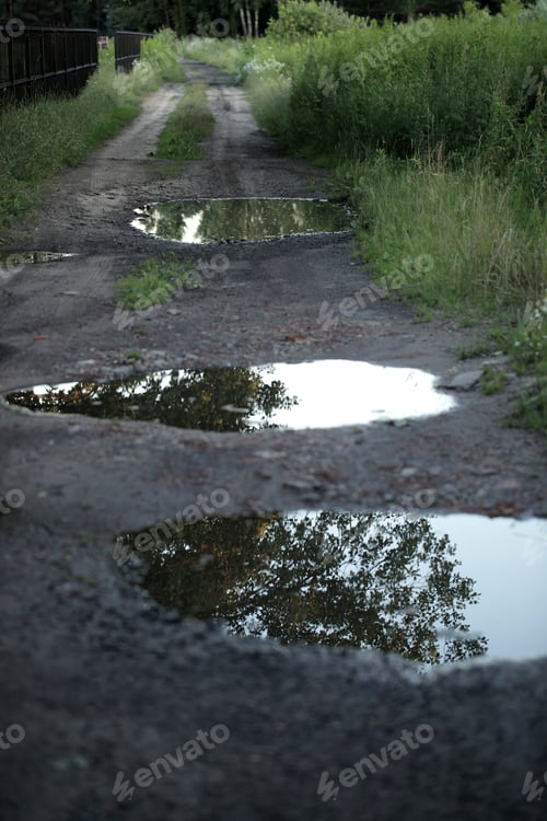 Preview: Summer Landscape After Rain - Photo Of A Sandy Village Road With Green Grass And Three Puddles