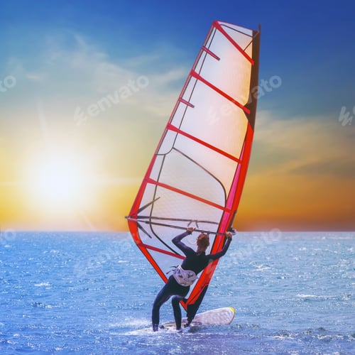 Preview: Windsurfer On A Longboard Tropical Sunset Sea. Landscape Sailing Summer Vacation Sport Extreme