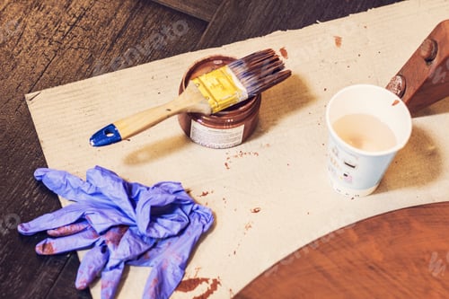 Preview: Painter'S Set: Brush, Rubber Gloves And Water In A Glass