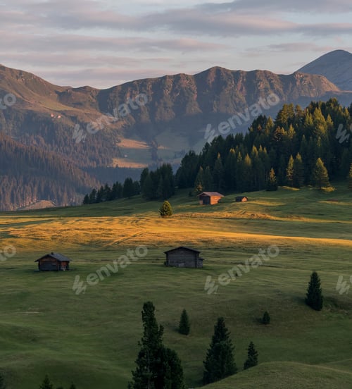 Preview: Alpe Di Siusi Meadows At Sunset With Mountains In The Background