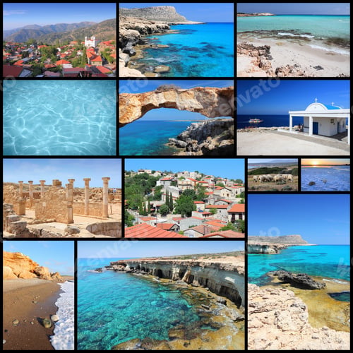 Preview: Cyprus Travel Photo Collage - Images Collection With Monuments, Kavo Greko, Paphos And Beaches.