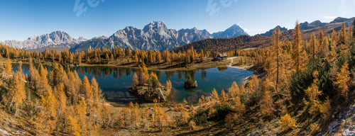 Preview: Autumn Scenery At Lake Federa In Dolomites Mountains In Italy.