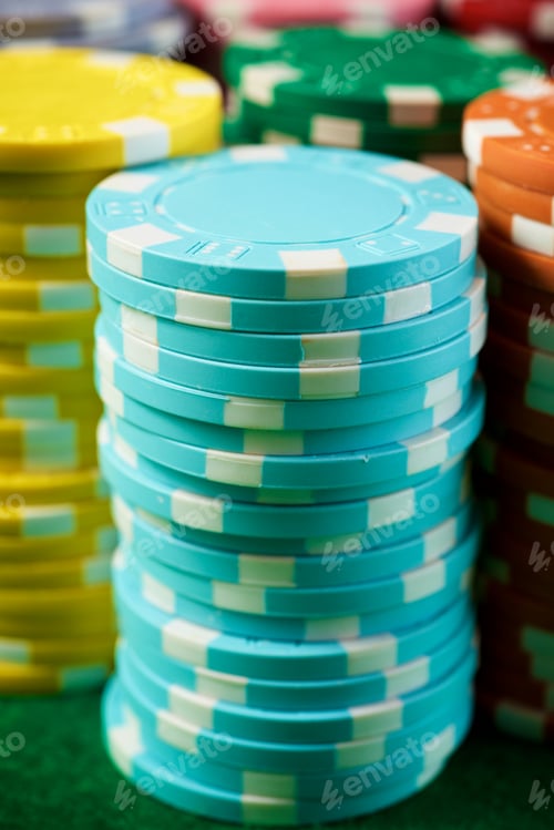 Preview: View Of A Gaming Table With Green Mat And Casino Chips.